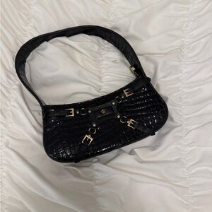 Manc Black Crocodile-Embossed Shoulder Bag